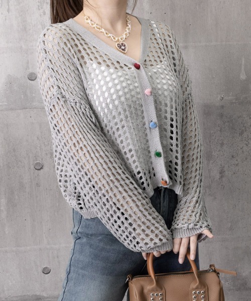 Miniministore(ミニミニストア)の「マルチボタン メッシュニットカーデ透け感(カーディガン/ボレロ・レディース・グリーン/ピンク/オフホワイト/グレー・FREE)」の21枚目の写真
