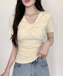 【春夏新作】V開きツイストデザイン半袖カットトップス