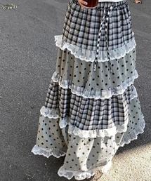 ドットチェックアソートレースティアードスカート