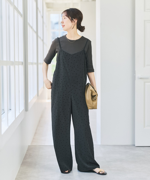 spick&span フロッキードットキャミサロペット ブラック 38 追加》フロッキードットキャミサロペット（サロペット/オーバーオール