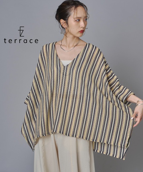 terrace（テラス）の「かぎ針レースストライプ柄ゆるトップス（ニット/セーター・レディース・ブルー/イエロー/オレンジ・FREE）」の3枚目の写真