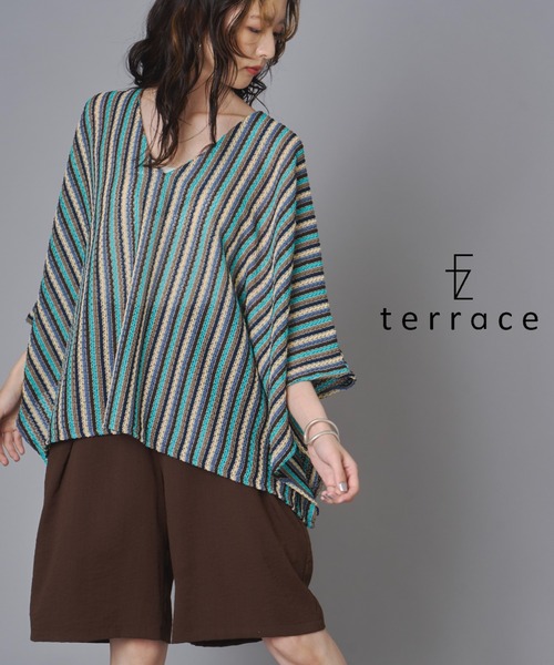 terrace（テラス）の「かぎ針レースストライプ柄ゆるトップス（ニット/セーター・レディース・ブルー/イエロー/オレンジ・FREE）」の2枚目の写真