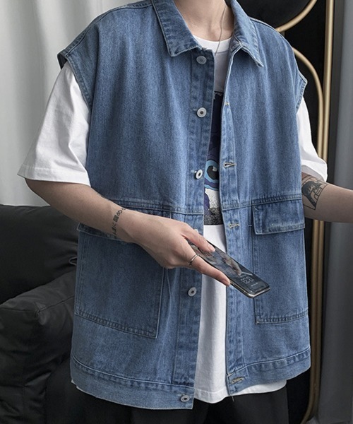 KELVIN(ケルヴァン)の「Work Pocket Denim Vest ワークポケットデニムベスト(ベスト・メンズ・ブラック/ライトインディゴブルー・LARGE/MEDIUM)」の2枚目の写真