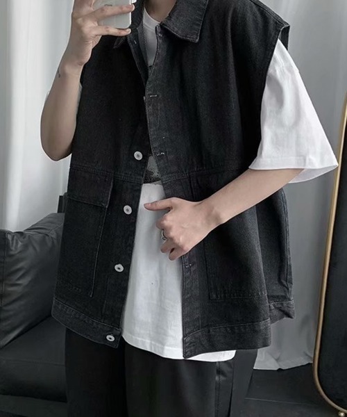 KELVIN(ケルヴァン)の「Work Pocket Denim Vest ワークポケットデニムベスト(ベスト・メンズ・ブラック/ライトインディゴブルー・LARGE/MEDIUM)」の1枚目の写真