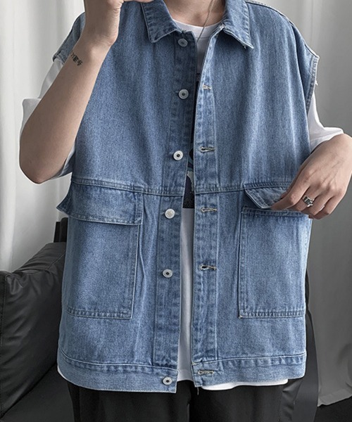 KELVIN(ケルヴァン)の「Work Pocket Denim Vest ワークポケットデニムベスト(ベスト・メンズ・ブラック/ライトインディゴブルー・LARGE/MEDIUM)」の4枚目の写真