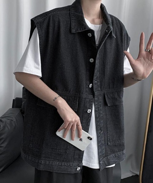 KELVIN(ケルヴァン)の「Work Pocket Denim Vest ワークポケットデニムベスト(ベスト・メンズ・ブラック/ライトインディゴブルー・LARGE/MEDIUM)」の5枚目の写真