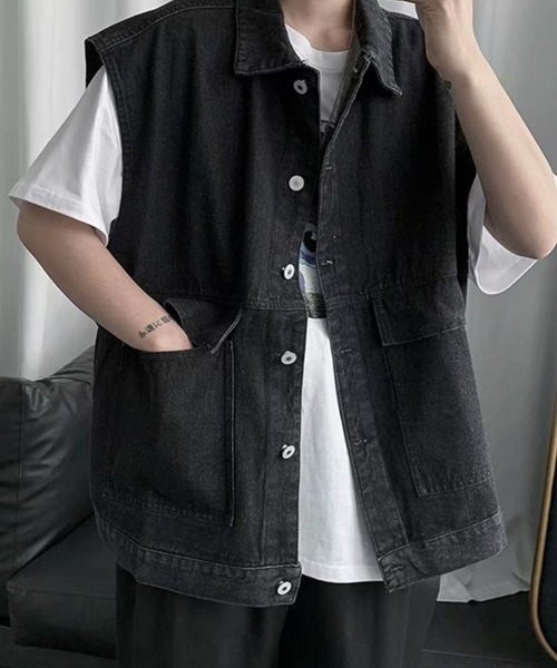 KELVIN(ケルヴァン)の「Work Pocket Denim Vest ワークポケットデニムベスト(ベスト・メンズ・ブラック/ライトインディゴブルー・LARGE/MEDIUM)」の7枚目の写真