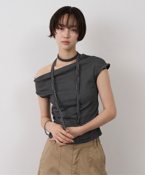 NUJOH(ヌゾ)の「2WAY Border Choker Top / 2WAYボーダーチョーカートップ(Tシャツ/カットソー・レディース・ブラウン/ブラック/アイボリー・FREE)」の1枚目の写真