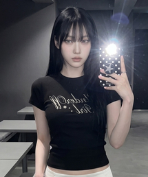 ストレッチコットンスリム半袖Tシャツロマンティックブラック