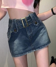 ワイドベルトアイレットデニムミニスカート