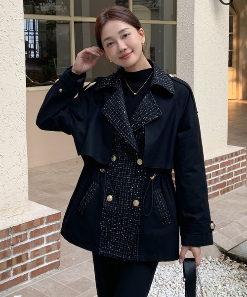 BIRTHDAY BASH(バースデイバッシュ)の「TWEED DOCKING TRENCH COAT(ツイードドッキングトレンチコート)(トレンチコート・レディース・ブラック・FREE)」の4枚目の写真