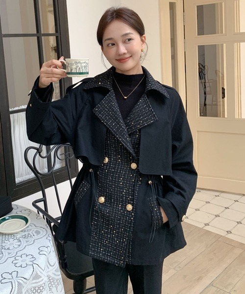 BIRTHDAY BASH(バースデイバッシュ)の「TWEED DOCKING TRENCH COAT(ツイードドッキングトレンチコート)(トレンチコート・レディース・ブラック・FREE)」の5枚目の写真