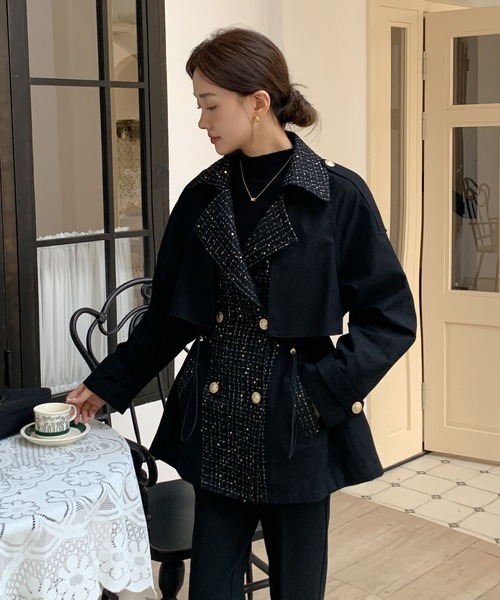 BIRTHDAY BASH(バースデイバッシュ)の「TWEED DOCKING TRENCH COAT(ツイードドッキングトレンチコート)(トレンチコート・レディース・ブラック・FREE)」の6枚目の写真
