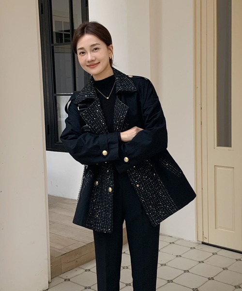 BIRTHDAY BASH(バースデイバッシュ)の「TWEED DOCKING TRENCH COAT(ツイードドッキングトレンチコート)(トレンチコート・レディース・ブラック・FREE)」の8枚目の写真