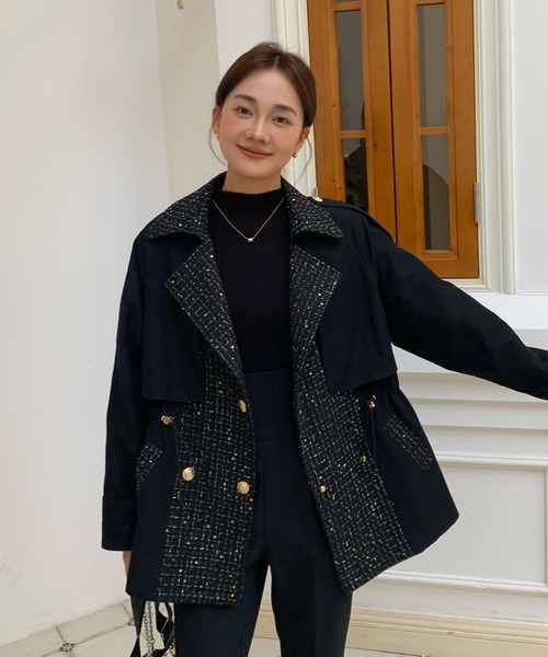 BIRTHDAY BASH(バースデイバッシュ)の「TWEED DOCKING TRENCH COAT(ツイードドッキングトレンチコート)(トレンチコート・レディース・ブラック・FREE)」の9枚目の写真