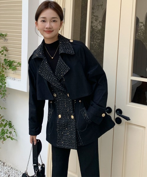 BIRTHDAY BASH(バースデイバッシュ)の「TWEED DOCKING TRENCH COAT(ツイードドッキングトレンチコート)(トレンチコート・レディース・ブラック・FREE)」の10枚目の写真