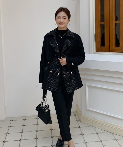 BIRTHDAY BASH(バースデイバッシュ)の「TWEED DOCKING TRENCH COAT(ツイードドッキングトレンチコート)(トレンチコート・レディース・ブラック・FREE)」の11枚目の写真