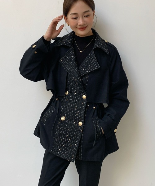 BIRTHDAY BASH(バースデイバッシュ)の「TWEED DOCKING TRENCH COAT(ツイードドッキングトレンチコート)(トレンチコート・レディース・ブラック・FREE)」の12枚目の写真