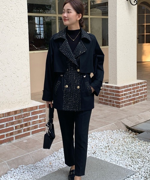 BIRTHDAY BASH(バースデイバッシュ)の「TWEED DOCKING TRENCH COAT(ツイードドッキングトレンチコート)(トレンチコート・レディース・ブラック・FREE)」の13枚目の写真