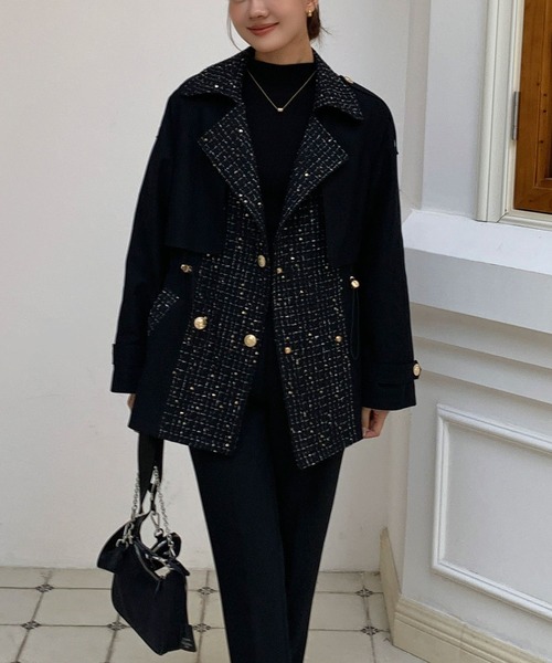 BIRTHDAY BASH(バースデイバッシュ)の「TWEED DOCKING TRENCH COAT(ツイードドッキングトレンチコート)(トレンチコート・レディース・ブラック・FREE)」の14枚目の写真