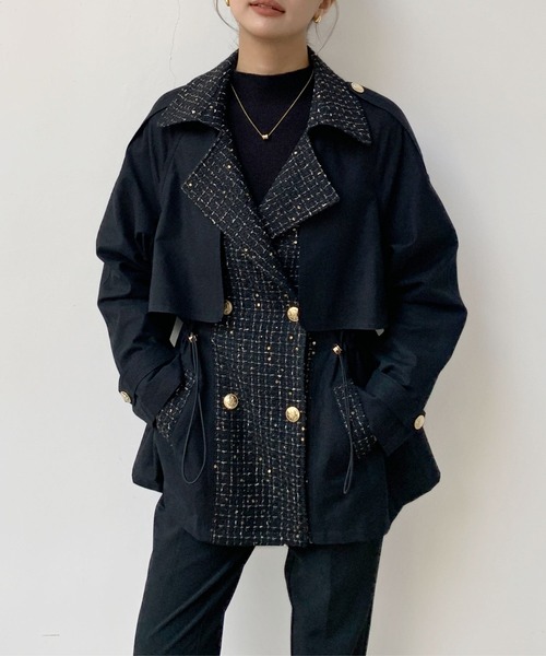 BIRTHDAY BASH(バースデイバッシュ)の「TWEED DOCKING TRENCH COAT(ツイードドッキングトレンチコート)(トレンチコート・レディース・ブラック・FREE)」の3枚目の写真