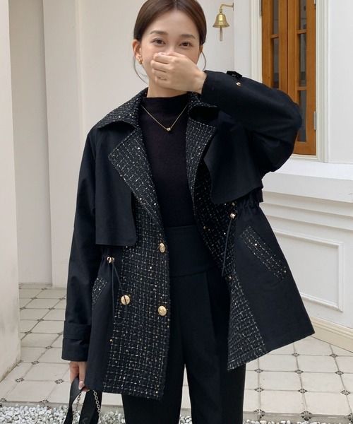 BIRTHDAY BASH(バースデイバッシュ)の「TWEED DOCKING TRENCH COAT(ツイードドッキングトレンチコート)(トレンチコート・レディース・ブラック・FREE)」の15枚目の写真