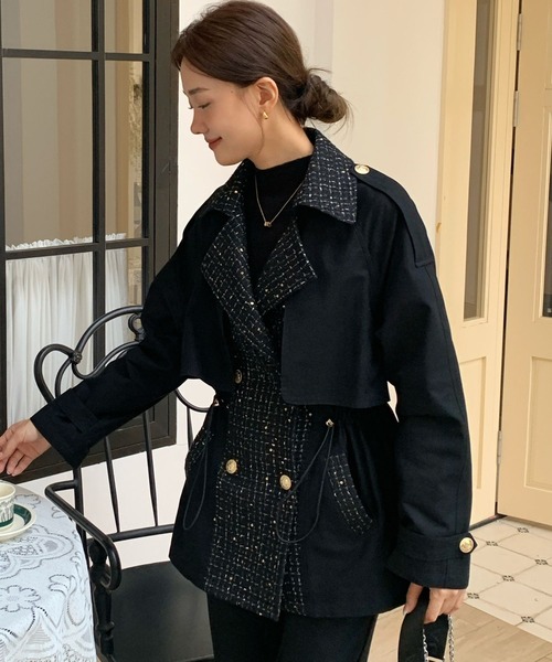 BIRTHDAY BASH(バースデイバッシュ)の「TWEED DOCKING TRENCH COAT(ツイードドッキングトレンチコート)(トレンチコート・レディース・ブラック・FREE)」の7枚目の写真