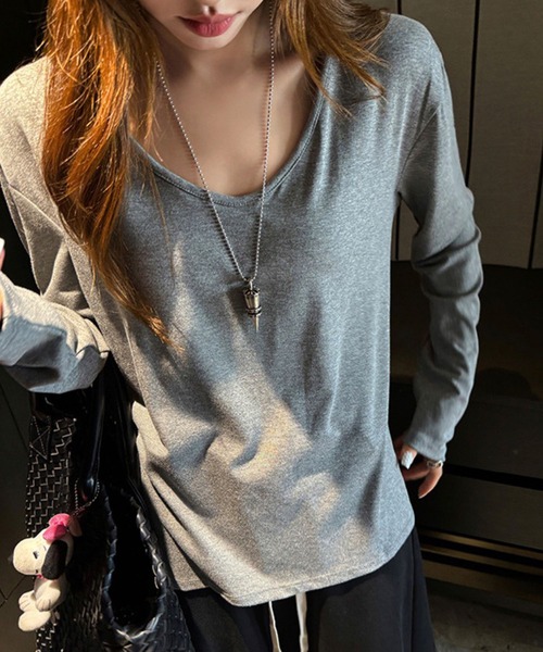 GLAMOROUS JANE（グラマラスジェーン）の「ⅤネックロンT（Tシャツ/カットソー・レディース・ホワイト/ブラウン/杢グレー/ブラック・FREE）」の4枚目の写真