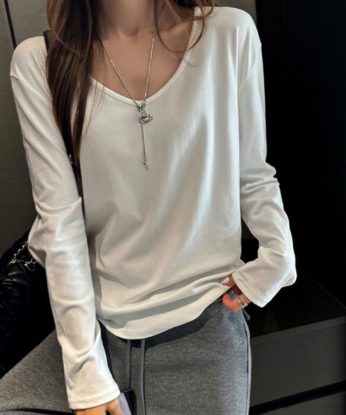 GLAMOROUS JANE（グラマラスジェーン）の「ⅤネックロンT（Tシャツ/カットソー・レディース・ホワイト/ブラウン/杢グレー/ブラック・FREE）」の2枚目の写真