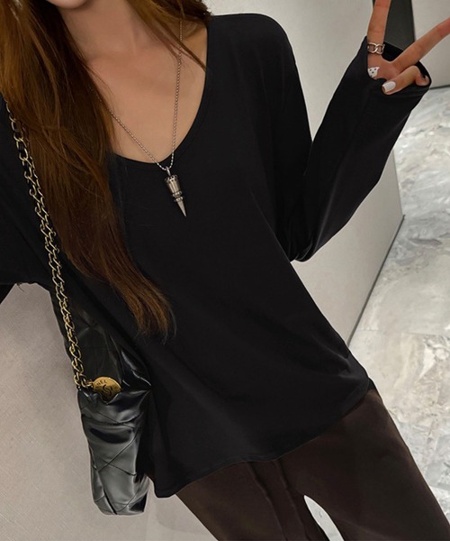 GLAMOROUS JANE（グラマラスジェーン）の「ⅤネックロンT（Tシャツ/カットソー・レディース・ホワイト/ブラウン/杢グレー/ブラック・FREE）」の7枚目の写真
