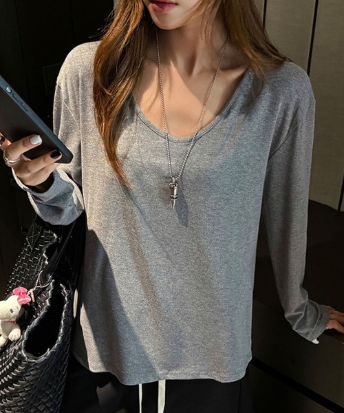GLAMOROUS JANE（グラマラスジェーン）の「ⅤネックロンT（Tシャツ/カットソー・レディース・ホワイト/ブラウン/杢グレー/ブラック・FREE）」の8枚目の写真