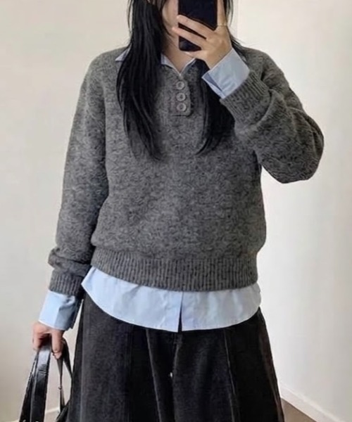 LADY LIKE(レディライク)の「【秋冬新作】無地シャツレイヤード風ニット(ニット/セーター・レディース・ブラウン/グレー・M)」の6枚目の写真