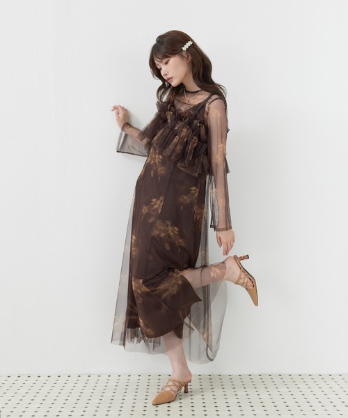 Kana(カナ)の「マルチウェイボリュームフラワープリントフリルドレス パーティー 結婚式 お呼ばれ オケージョン(ドレス・レディース・オレンジ/ブラック/グリーン/ベージュ/ブルー/ブラウン・M)」の2枚目の写真