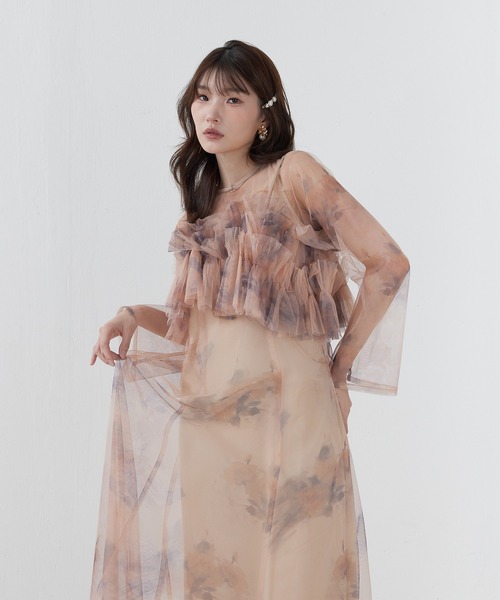Kana(カナ)の「マルチウェイボリュームフラワープリントフリルドレス パーティー 結婚式 お呼ばれ オケージョン(ドレス・レディース・オレンジ/ブラック/グリーン/ベージュ/ブルー/ブラウン・M)」の6枚目の写真