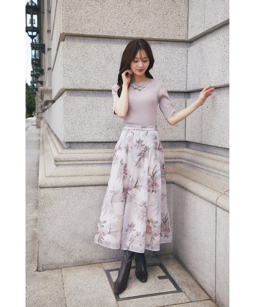 tocco closet(トッコ クローゼット)の「ストーン付きベルテッドシアーフラワーチェックタックスカート(スカート・レディース・ピンクベージュ/モカ・M)」の21枚目の写真