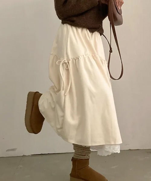 Emilie(エミリー)の「サイドリボン レースレイヤードロングスカート(スカート・レディース・ネイビー/クリーム/チャコールグレー/ブラック・FREE)」の8枚目の写真