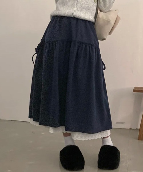 Emilie(エミリー)の「サイドリボン レースレイヤードロングスカート(スカート・レディース・ネイビー/クリーム/チャコールグレー/ブラック・FREE)」の12枚目の写真