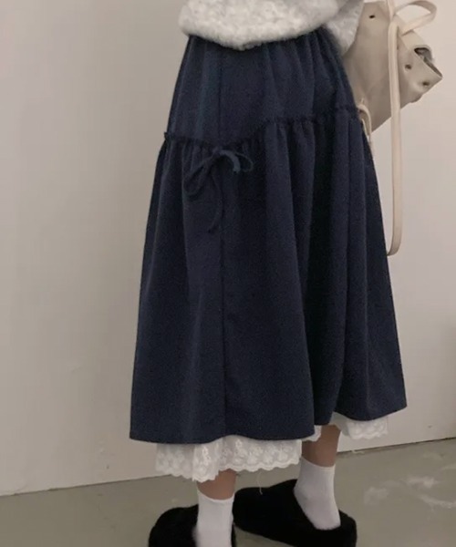 Emilie(エミリー)の「サイドリボン レースレイヤードロングスカート(スカート・レディース・ネイビー/クリーム/チャコールグレー/ブラック・FREE)」の14枚目の写真