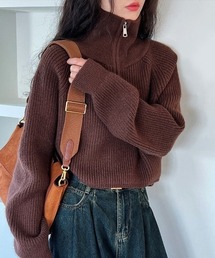 ハーフジップ オーバーサイズ リブニットトップス