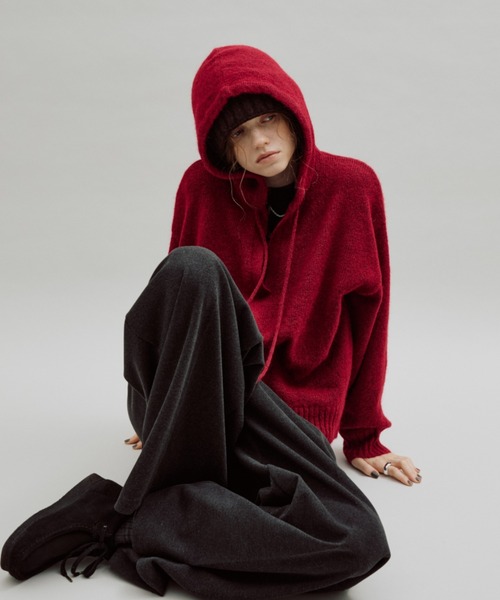 ANF.MUU(アンフムー)の「Vネックフーディニットプルオーバー(ニット/セーター・レディース・チャコールグレー/ブラウン/レッド・FREE)」の1枚目の写真
