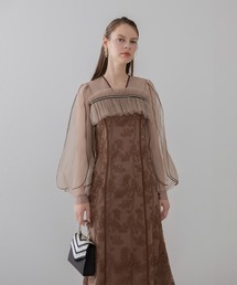 セール】【LEJA】ウエストマークパフスリーブ総レースロングドレス