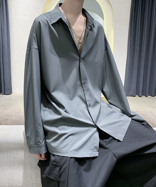 KOR（ケーオーアール）の「オーバーサイズオープンカラー長袖シャツ（シャツ/ブラウス・メンズ・ホワイト/ブラック/グレー・M/L/XL/2XL）」の6枚目の写真