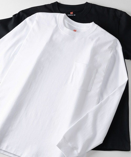 HANES(ヘインズ)の「【Hanes/ヘインズ】 BEEFY-T ポケットロングTシャツ クルーネック Tシャツ ユニセックス/無地(Tシャツ/カットソー・メンズ・ホワイト/ブラック・M/XL/L)」の1枚目の写真