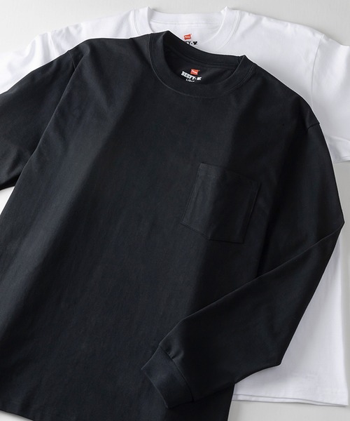 HANES(ヘインズ)の「【Hanes/ヘインズ】 BEEFY-T ポケットロングTシャツ クルーネック Tシャツ ユニセックス/無地(Tシャツ/カットソー・メンズ・ホワイト/ブラック・M/XL/L)」の2枚目の写真