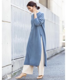 クルーネックサイドスリットニットロングワンピース
