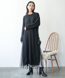 クルーネックサイドスリットニットロングワンピース
