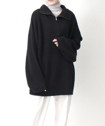 片畦編みハーフZIPニットチュニック