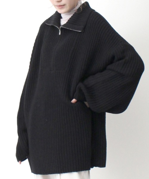 STYLEBLOCK(スタイルブロック)の「片畦編みハーフZIPニットチュニック(ニット/セーター・レディース・オフホワイト/ブラック/モカ/ピンク・M)」の8枚目の写真