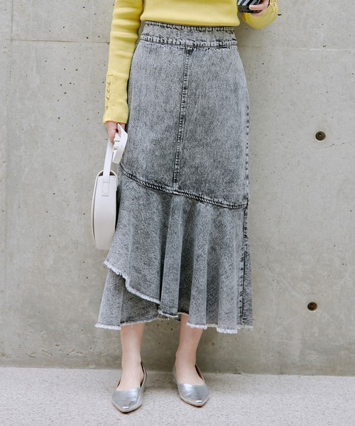 ☆ヒッコリー＆デニム MIXアシメ リメイク ダメージフリル サスペ