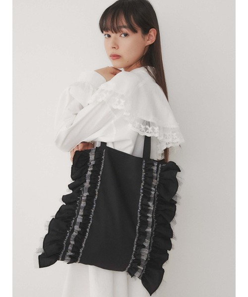 merry jenny(メリージェニー)の「チュールレースコンビtote(トートバッグ・レディース・ブラック/オフホワイト・FREE)」の2枚目の写真